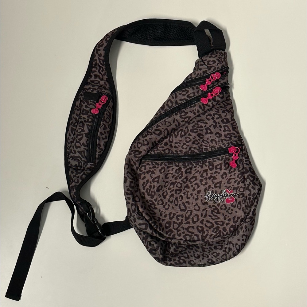 Y2K FOXY JEANS grey pink multi cheetah print mini crossbody backpack.